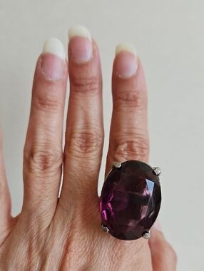 Vintage Cocktail Ring Large Purple Glass Amethyst Faceted Glamor Adjustable